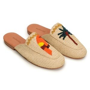 Farm Rio Macaw Palm Tree Beaded Raffia Mules